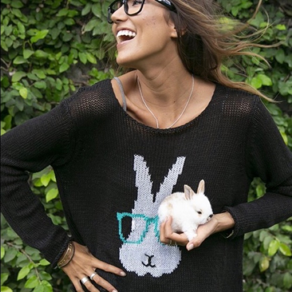 Wooden Ships Black Sweater with White Bunny Design
